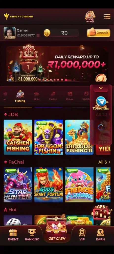KING777 Game fishing games inside the Android mobile app