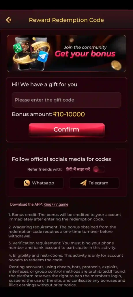 KING777 Game rewards screen with bonus redemption code