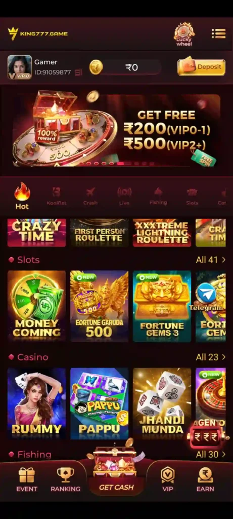 KING777 Game slot and casino games in the mobile app